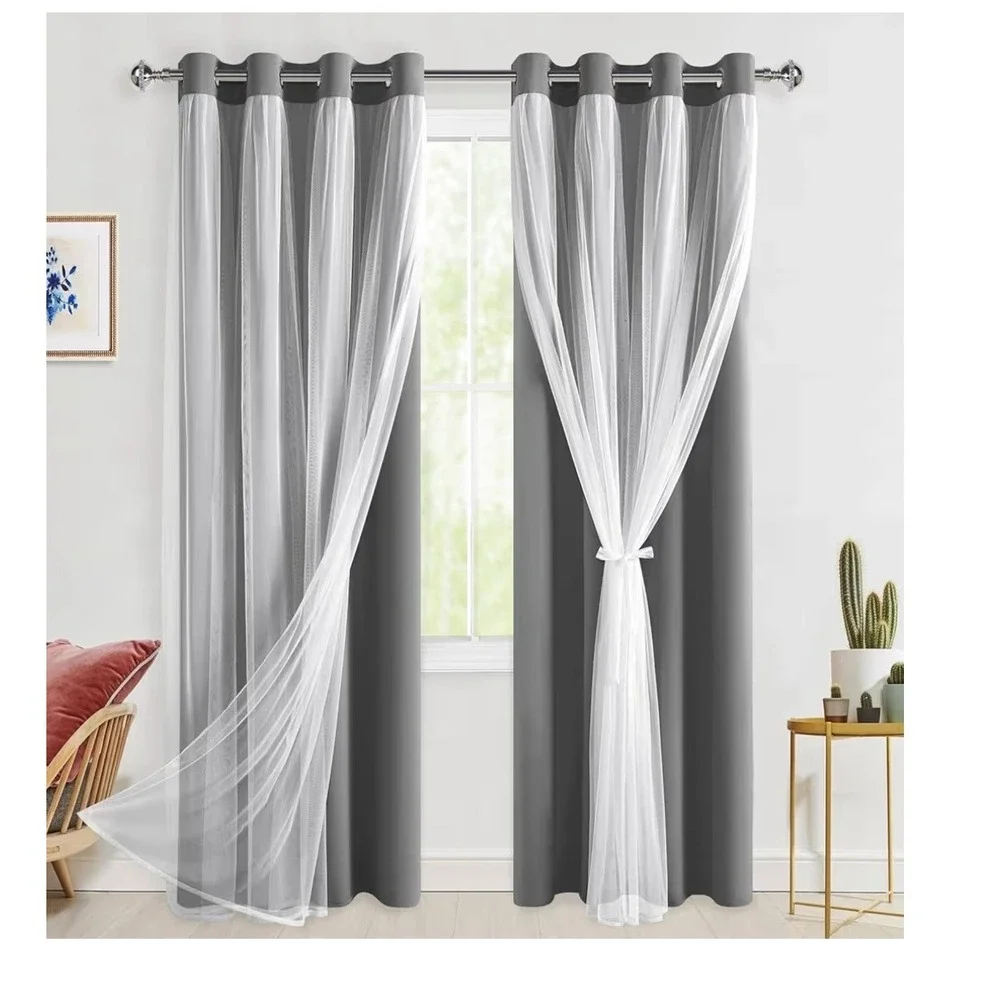 Grey Blackout Curtains with White Sheer Overlay 52x84 4 Panels Grommet Top